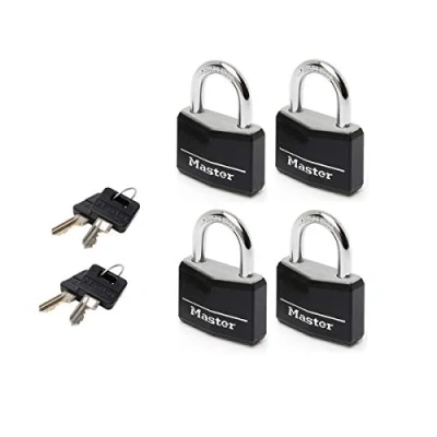 Image of Master Lock 9140EURQBLKNOP Pack of 4 Key Padlocks in Aluminium with Vinyl Cover, Black, x 5.9 1.3 cm