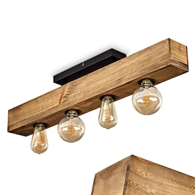 Image of Ceiling Light Berat, Elongated lamp Made of Metal/Wood in Black/Dark Brown, Modern with Wooden Beam, 4 Flame, x E27, Without Bulbs