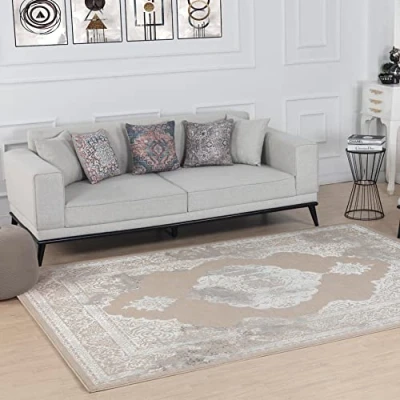 Image of Livabliss Tangier Vintage Rug Hallway Runner Rugs Living Room 80x150 cm Scandi Neutral Rug, Traditional Patterned Boho Style, Natural Easy Care Pile Runners, Beige