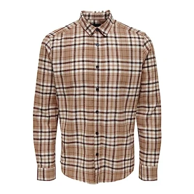 Image of Only &amp; Sons Atir Slim Long Sleeve Check Shirt Small (Brown)