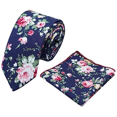 Image of DB Dickie Bow Men&#039;s Floral Luxury Cotton Skinny Neck Tie &amp; Pocket Square Set (Blue Floral) suitable for formalwear, office, weddings, parties, grooms groomsmen outfits