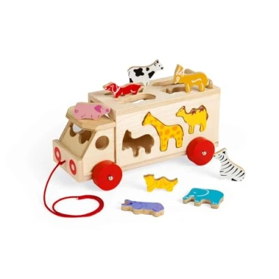 Image of Bigjigs Toys, Animal Lorry Wooden Shape Sorter, Sorters for 2 Year Olds, Pull Along Toy, Baby Handmade Toys