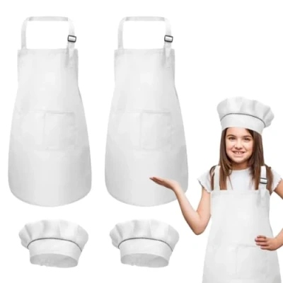 Image of DECARETA Kids Apron and Chef Hat Set,2 Chefs with Pockets 2 White Hat,Polyester Adjustable Children Apron,Hat Cooking,Baking Painting Wear for Boys Girls (4 12year)