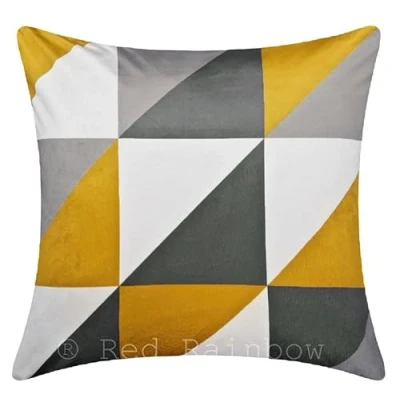 Image of Red Rainbow Modern Yellow &amp; Grey Print Geometric Design Single 18 inch Cushion Cover