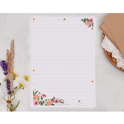 Image of Making Meadows A5 Lined Letter Writing Paper Set (20 Sheets &amp; 10 envelopes) Pink Flowers Design On Penpal Stationery