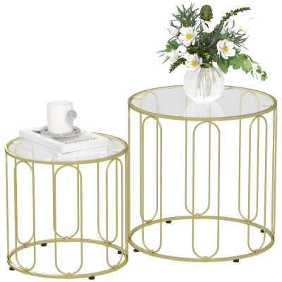 Image of HOMCOM Round Coffee Table Set of 2, Glass Nest Tables with Metal Frame and Tempered Tabletop, Modern Side for Living Room, Gold Tone
