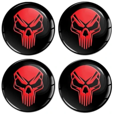 Image of Biomar Labs 4 x 45 mm 3D Silicone Sticker for Hub Caps Wheel Cover Skull Black Red V 18
