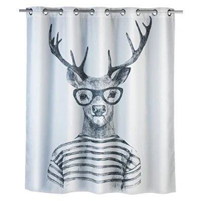 Image of WENKO Mould Shower Curtain Flex Mr. Deer Anti Bacterial, Water Repellent, intgrated Hanging Mechanism, Polyester, White, 180 x 200 1 cm