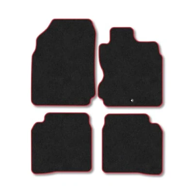 Image of Car Mats Compatible with Nissan Note (2006 2013) Tailored Fit Red Trimmed Carpet Floor Mat Set Accessory Black Custom Fitted 4 Pieces Clips Anti Slip Backing &amp; Trim Edging