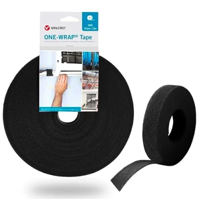 Image of MARENT Velcro® Brand Hook and Loop ONE WRAP® Tape, Cable Straps, Management, Cord Organizer, Reusable Fastening Ties, Black, 10mm x 10m