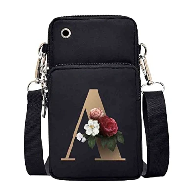 Image of FINDING CASE initial letter Printed Women Girls men Zipper Waterproof Nylon 3 Layers Crossbody Bags Wallet Cellphone Purse Shoulder Bag Wristlet Handbags Adjustable Strap (Gold A)