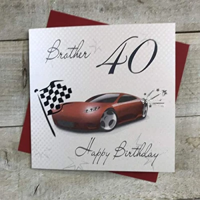 Image of WHITE COTTON CARDS Racing Car, Brother 40 Happy Handmade 40th Birthday Card, White, wba40 b