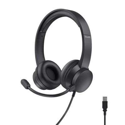 Image of Trust Roha II USB Headset with Microphone On Ear Lightweight Design, Adjustable Headband, PC 1.8m Cable Wired Headphones for Computer Laptop Mac Desktop Home Office Teams Zoom