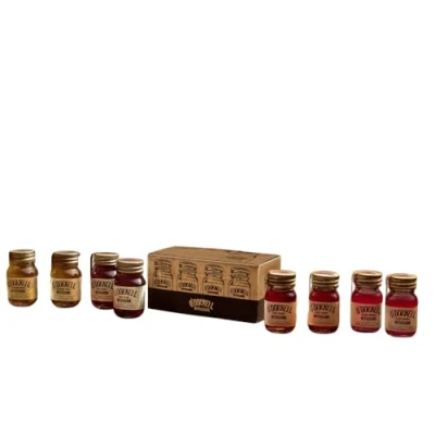 Image of O&#039;Donnell Moonshine Fruity Micro Set 8 x 20ml Mason Jars Sample Our Flavours in a Single Shot Very Cherry, Wild Berry, Blood Orange &amp; Passion Fruit Smooth Delicious Liqueurs