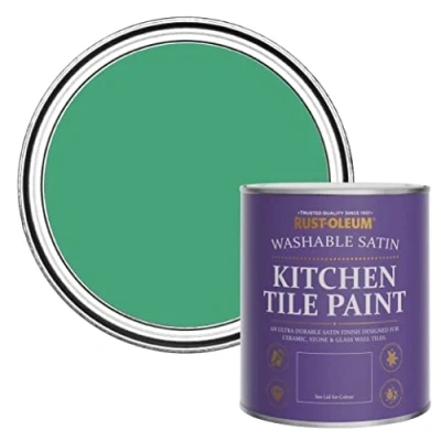 Image of Rust Oleum Green water resistant Kitchen Tile Paint in Satin Finish Emerald 750ml