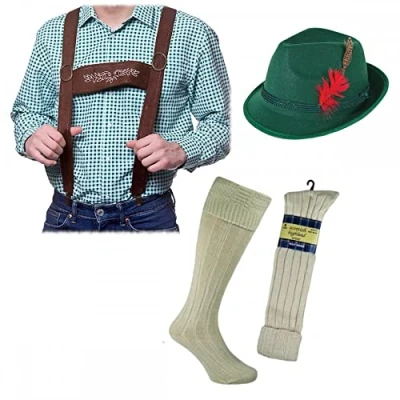 Image of A2ZFD Adult Mens Oktoberfest Braces + Deluxe Green Bavarian Hat Wool Blend Socks ; Beer Festival Fancy Dress Accessory Set, One Size (4446WC CS8)