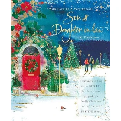 Image of Words N Wishes Very Specail Son &amp; Daughter in Law Christmas Card Snowy Walk with an Embossed Foil Flitter Finish Eco Friendly