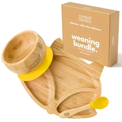 Image of Bamboo Baby Plate &amp; Bowl Weaning Set, Suction and for Feeding Weaning, Fox Plate, Toddler Spoon, Plates Babies from 6 Months (Fox, Yellow)