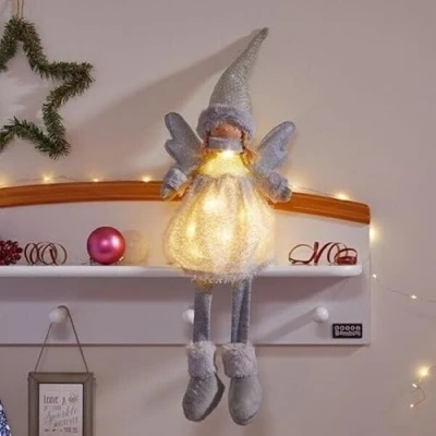 Image of Marco Paul Christmas Decorations 62cm Grey Sitting Fairy Light Up Angel Ornament Plush Battery Powered Silver For The Home