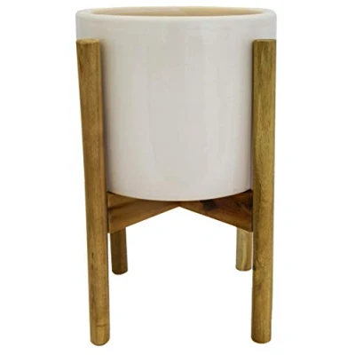 Image of Ivyline Anzio Stone White Planter with Wooden Stand Stylish, Waterproof &amp; Durable Decorative Glazed Indoor Ceramic Flower Pot H38.5cm x D24cm