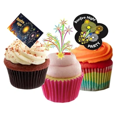 Image of 30 Stand Up Bonfire Night Fireworks Themed Wafer Paper Cake Toppers Decorations