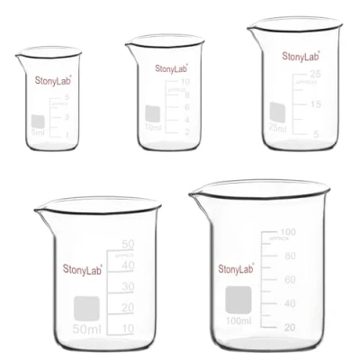Image of stonylab Graduated Glass Beaker Set, Borosilicate Lab Beakers in 5 Sizes, ml/10 ml/25 ml/50 ml/100 ml, Combo Pack