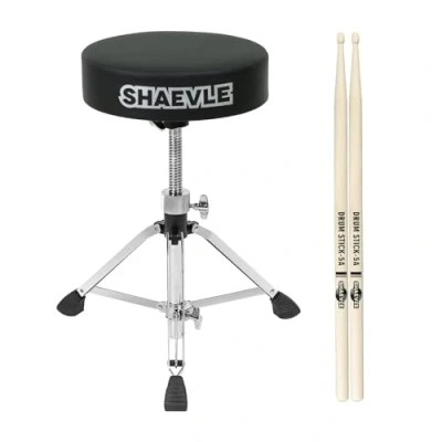 Image of Shaevle Drum Throne Stool Height Adjustable Padded Seat Double Braced Anti Slip Feet Swivel Chair with 5A Drumsticks