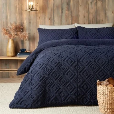Image of Fusion Navy Blue Teddy Fleece Duvet Cover King Bedding Size (260 x 220cm) Reversible Design Dark Jacquard Geometric Square Tufted Soft &amp; Cosy
