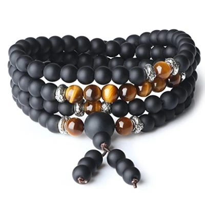 Image of COAI Tibetan 108 Mala Beads Brown Tiger Eye Matte Onyx Semi Precious Stones Bracelet/Necklace 6mm