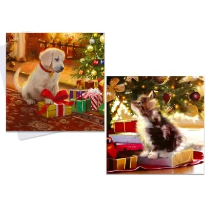 Image of Traditional Christmas Card Kitten &amp; Puppy Under the Tree Festive Theme Gift Cards Assorted 24 in 2 Designs Envelopes