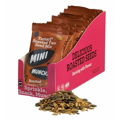 Image of Munchy Seeds Mini Tamari Roasted Two Seed Mix, Pumpkin &amp; Sunflower Seeds, Gluten Free Protein Snacks, Nutritious Source Of Vegan Protein, High Fibre 12 x 30g Rip Tip Bags