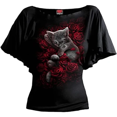 Image of Spiral Bed of Roses Boat Neck Bat Sleeve Top Black S