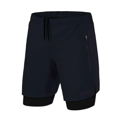 Image of TCA Ultra 2 in 1 Compression Shorts Men Running Gym for with Zipped Pockets Navy/Black (2X Zip Pockets), L
