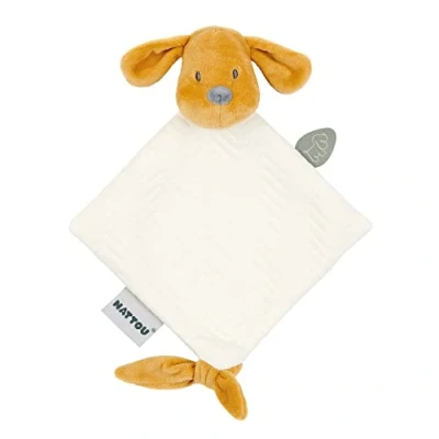 Image of Nattou Comforter Doudou with Ties, 30 x 20 cm, Cuddly Snuggle Blankie, Security Blanket, Extra Soft Cotton/Polyester, Machine Washable, PETA Approved Vegan, Jacquard, Caramel Charlie the Dog, Vanilla