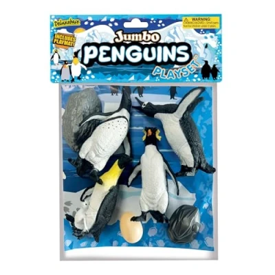 Image of Deluxebase Jumbo Playset Penguins. large Animal Figures Toy Set. Bag of arctic toys including eggs, rocks and a playmat. Perfect penguin set for kids