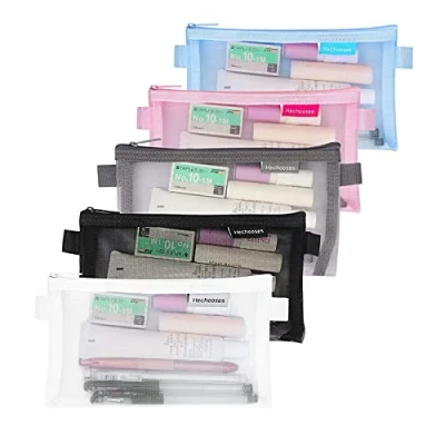Image of TFSYLISA 5Pcs Pencil Case Exam Stationery Pouch Transparent Nylon Mesh Zipper Storage Bag Cosmetic Organizer Portable Travel Toiletry for Student Adults