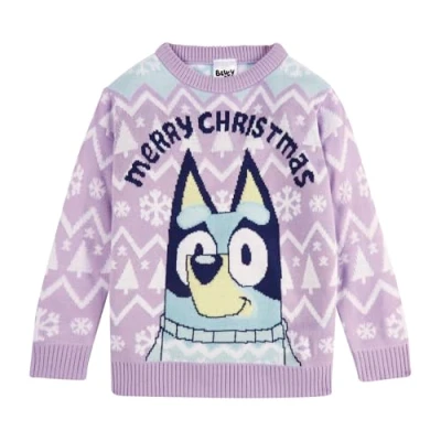 Image of Bluey Girls Christmas Jumper Xmas Acrylic Knitted Sweatshirt Bingo Gifts for 3 4 Years Lilac