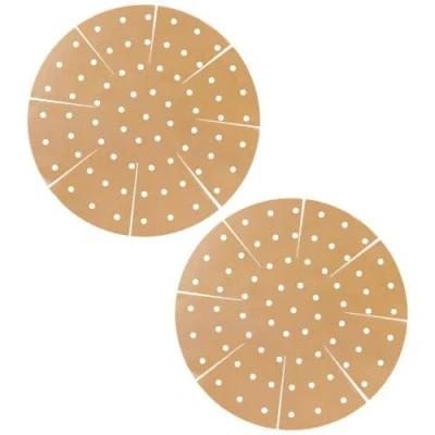 Image of SPARES2GO Air Fryer Drawer Liners compatible with Ninja AF100UK AF160UK AF300UK AF400UK Non Stick Round Perforated Mats (Brown, Pack of 2)