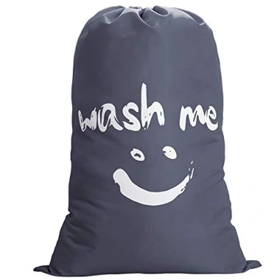 Image of IHOMAGIC Extra Large Laundry Bag, Foldable Storage Bag with Drawstring Closure, 420D Nylon Washing Fabric for Bathroom, Bedroom or Dormitory and Travel, 63x93cm, Grey Smile