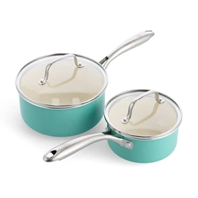 Image of GreenLife Artizan Healthy Ceramic Non Stick 14cm/1l and 18 cm/2l Saucepan Pot Set with Lids, Stainless Steel Handle, Induction, PFAS Free, Oven Safe, Turquoise