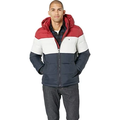 Image of Tommy Hilfiger Men&#039;s Hooded Puffer Jacket, Red/White/Midnight, XXL