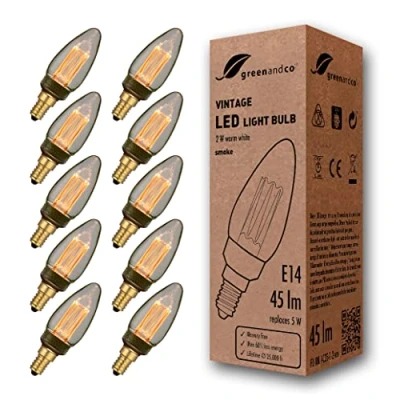 Image of greenandco 10x Vintage Design LED Bulb for Mood Lighting E14 C35 Smoke 2W 45lm 1800K Extra Warm White 320 230V Flicker Free Non dimmable Edison