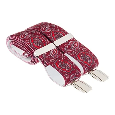 Image of XL Deep Red and Burgundy Paisley Trouser Braces X back 35mm 4 Silver Clips 48 Inches