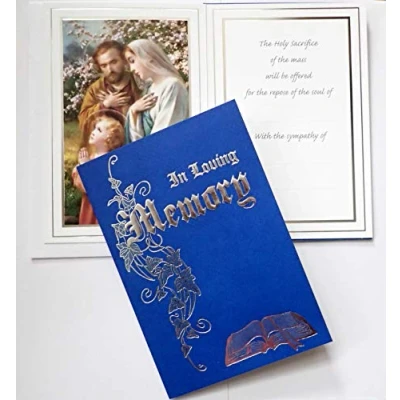 Image of SOAKUP Just Divine Gifts IN LOVING MEMORY BLUE Deluxe Catholic Mass Card Holy Family Sympathy 2162…