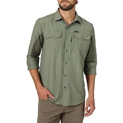 Image of ATG by Wrangler Men&#039;s Long Sleeve Mixed Material Shirt, Dusty Olive, Medium