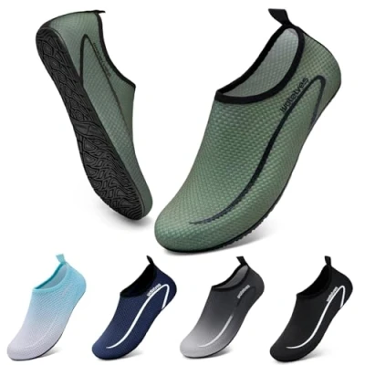 Image of Swim Water Shoes Aqua Socks Barefoot for Sea Beach Swimming Pool Ladies Women Mens Line Army Green 11/11.5 UK
