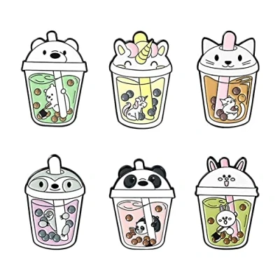 Image of 6Pcs Cartoon Milk Tea Cup Enamel Brooch Pins Lapel Pin Animal Pearl Decorative Six Types Animals Badge for Clothing Backpacks Hats Bags Jewelry Gift Lovers