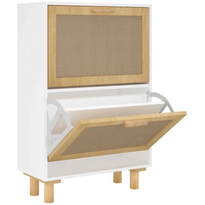 Image of vidaXL Shoe Cabinet White 52x25x80 cm Engineered Wood&amp;Natural Rattan