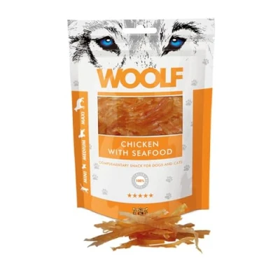 Image of WOOLF Chicken with Seafood Dog Treats Complimentary Snacks for Dogs. All Natural Ingredients, High Meat Content, Nutritional, Free from Artificial Additives. Suitable Dogs (100g)