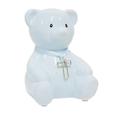 Image of Teddy Money Bank With Cross and Diamante Blue, ideal for Christening, birthday, new baby, communion or Chistmas